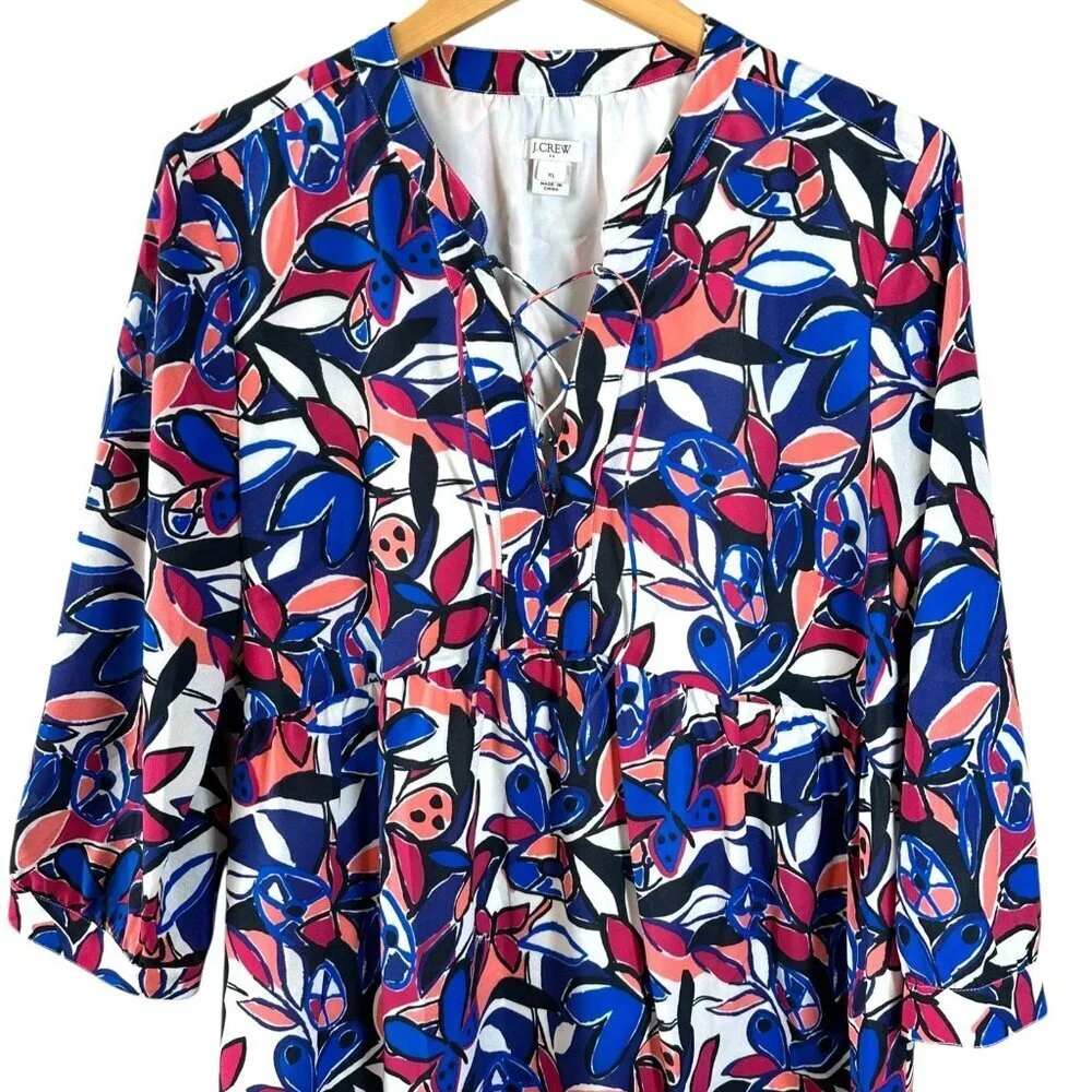 J.Crew Multicolor Butterfly Print Lace-Up Tunic Dress Size XL Style H4528